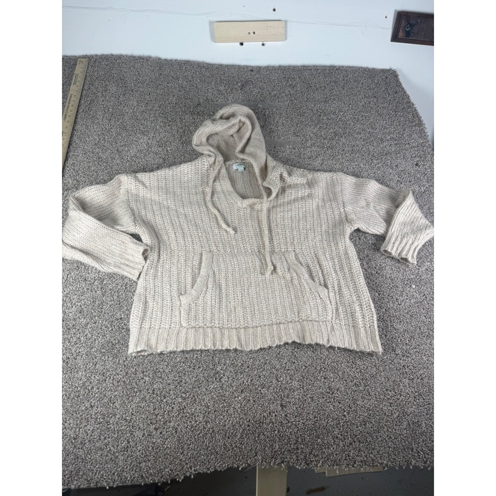 Aerie Womens XS Oatmeal Beige Ribbed Knit Wool Blend Hoodie Sweater Kangaroo